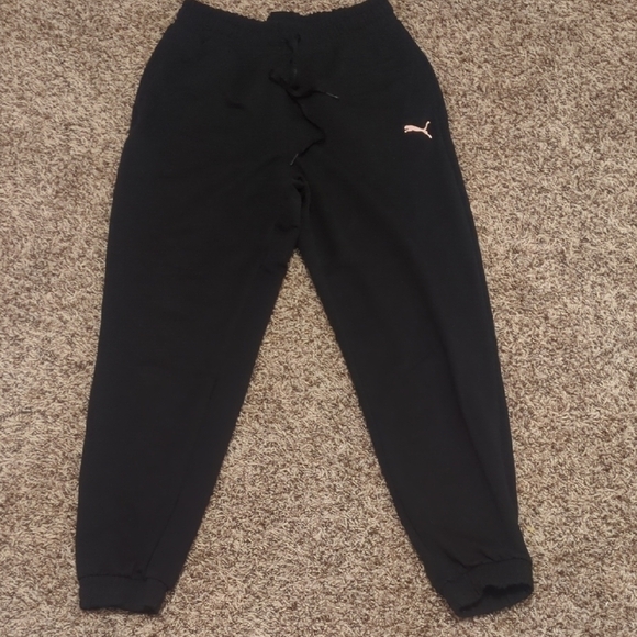 Puma womens black high rise joggers drawstring waist pink logo - Picture 1 of 7